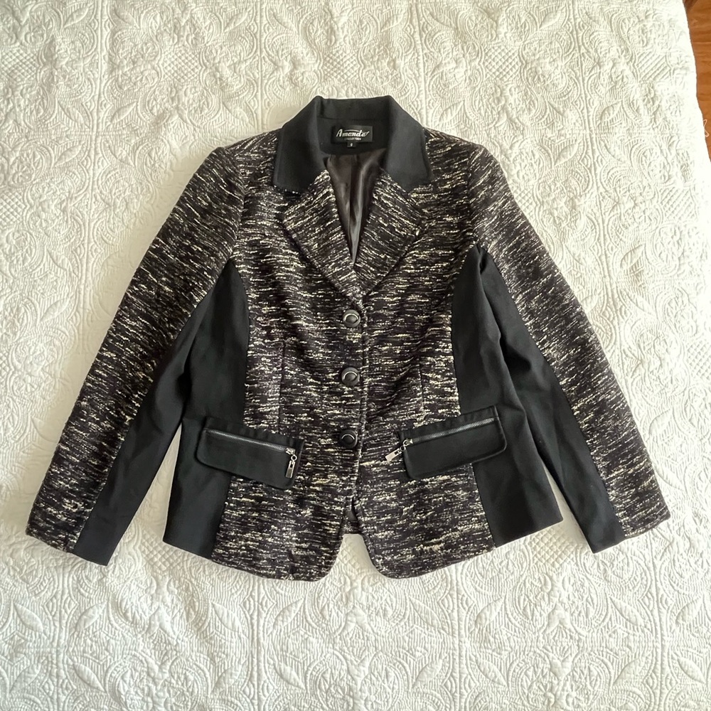 Anne Klein Blazer Amanda Collection Black and White Tweed Contrast-Panel Blazer